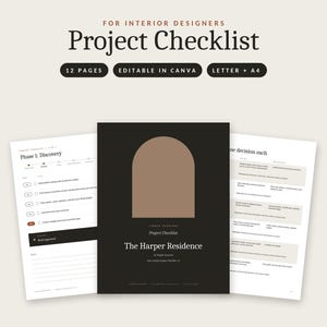 Interior Design Project Checklist Template, Editable Canva Client Process Checklist for Interior Designers, Design Workflow, Letter + A4