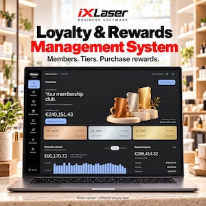 May include: A laptop screen displays the iXLaser Business Software interface for a Loyalty & Rewards Management System. The dashboard shows membership tiers, reward balances, and analytics with bronze, silver, and gold icons.