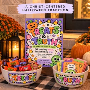 May include: A Treats & Truth sign with a pumpkin and monster illustration, accompanied by two white bowls. One bowl is filled with assorted candy bars, labeled Treats. The other bowl contains colorful cards, labeled Truth, with one reading You are seen.