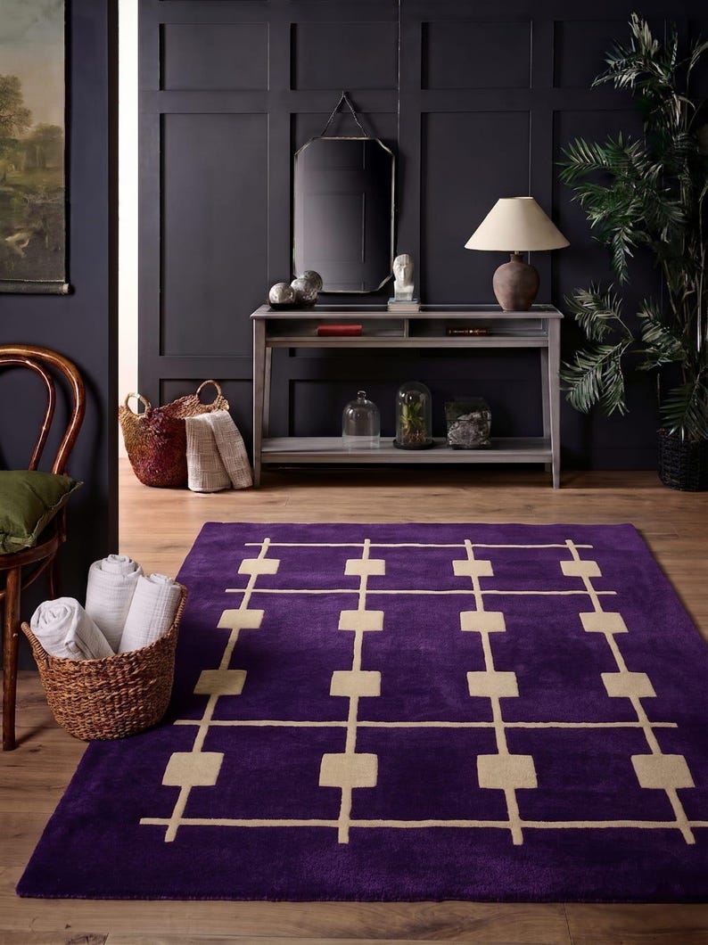 Hand Tufted Wool Area Rug Mid Century Modern Purple Geometric Area Rug ...