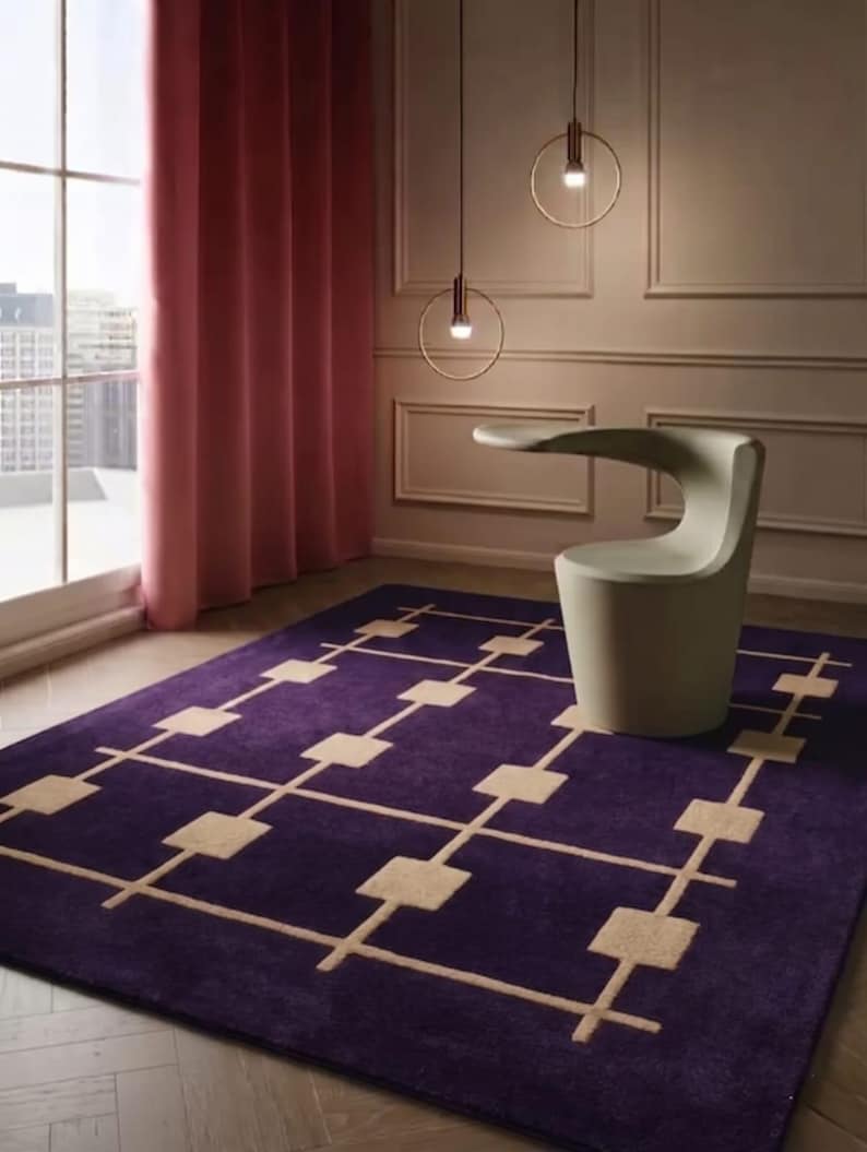 Hand Tufted Wool Area Rug Mid Century Modern Purple Geometric Area Rug ...