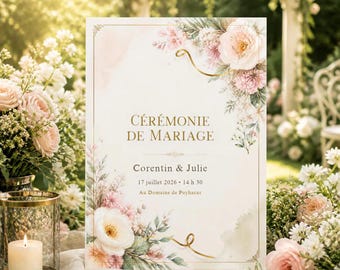 Peut inclure: Un panneau rectangulaire de cérémonie de mariage avec le texte doré CÉRÉMONIE DE MARIAGE, Corentin & Julie, 17 juillet 2026, 14 h 30, Au Domaine de Puyharas. Le panneau est orné d'illustrations à l'aquarelle de fleurs roses et blanches.