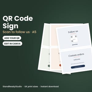 QR Code Sign Printable, Scan to Follow Us Social Media Sign and Custom Orders Sign, Editable Canva, A5 Market Stall UK