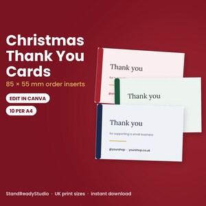 May include: Three rectangular thank you cards measuring 85 x 55 mm, featuring colored side borders in red, green, and navy blue. The cards display the text Thank you for supporting a small business, with placeholders for social media handles.