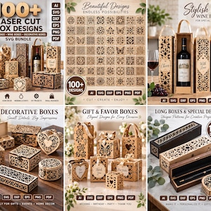 May include: A digital bundle of 100+ laser cut box designs including wine boxes, gift boxes, and decorative boxes with intricate patterns. The collection features various wooden box shapes, including heart, rectangular, and square styles, available in AI, SVG, DXF, EPS, PNG, and PDF file formats for crafting projects.