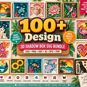 Könnte beinhalten: Eine digitale Sammlung von über 100 3D-Schattenbox-Designs in den Formaten SVG, PNG, DXF, AI, EPS und PDF. Die Darstellung zeigt verschiedene Illustrationen im mehrschichtigen Papierschnitt-Stil, darunter Landschaften, Tiere, Blumen und Zahlen.