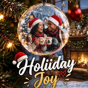 May include: A round, clear glass Christmas ornament featuring a printed image of a smiling couple wearing Santa hats and plaid scarves while holding mugs. The text "Holiday Joy" is written in white and gold script below the ornament.