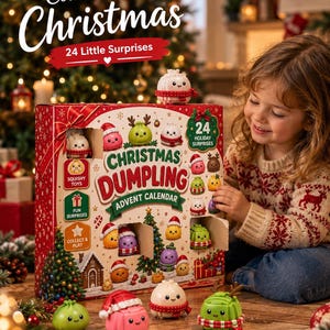 May include: A Christmas Dumpling advent calendar box featuring 24 numbered doors, colourful illustrations of cartoon dumplings, and the text Countdown to Christmas 24 Little Surprises. Several small, squishy dumpling toys are displayed in front.