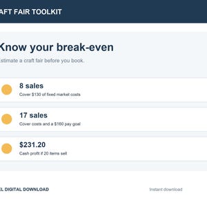Craft Fair Break-Even Calculator, Vendor Profit Excel Spreadsheet