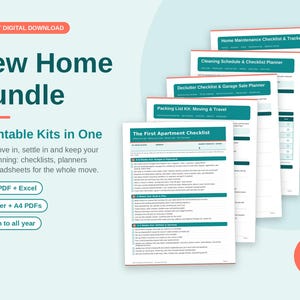 Op de afbeelding: Een digitale New Home Bundle met vijf printbare kits, waaronder een checklist voor een eerste appartement, een inpaklijst, een opruimplanner, een schoonmaakschema en een onderhoudstracker, weergegeven als witte vellen met blauwgroene koppen.