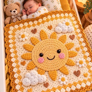 May include: A square crochet baby blanket featuring a large, central yellow sun with a smiling face and pink cheeks. The blanket is decorated with white crocheted clouds, small white flowers, and brown hearts, finished with a scalloped yellow border.
