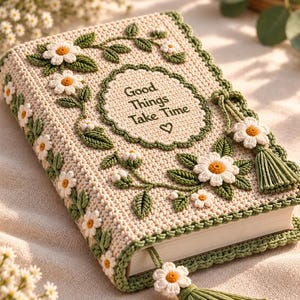 May include: A beige crochet book cover featuring white daisy appliqués with yellow centers, green leaves, and a green scalloped border. The front displays the embroidered text Good Things Take Time with a heart symbol and a matching daisy tassel bookmark.