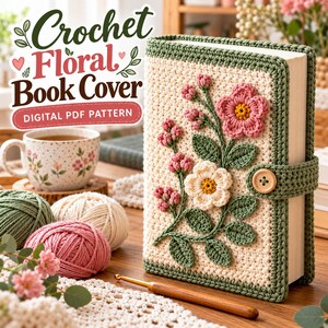 May include: A cream-colored crochet book cover featuring a floral design with pink and white flowers, green leaves, and a button closure. The text on the image reads Crochet Floral Book Cover DIGITAL PDF PATTERN with decorative leaf and heart icons.