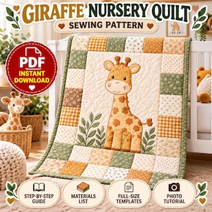 Giraffe Baby Quilt Pattern PDF, Applique Crib Quilt, Beginner Patchwork Nursery Quilt, Safari Animal Baby Blanket Sewing Pattern