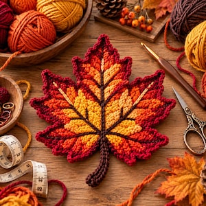 May include: A crocheted maple leaf in gradient shades of red, orange, and yellow with dark brown veins. The leaf is surrounded by yarn balls, a wooden crochet hook, vintage-style scissors, a measuring tape, pinecones, and autumn leaves.