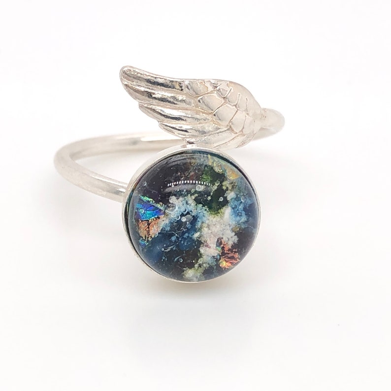 Sparkles Silver Cat Dog Cremains Ring 925 Sterling Silver Animal Ashes Memorial Ring Glass Hologram Angel Wing Pet Remembrance Ring