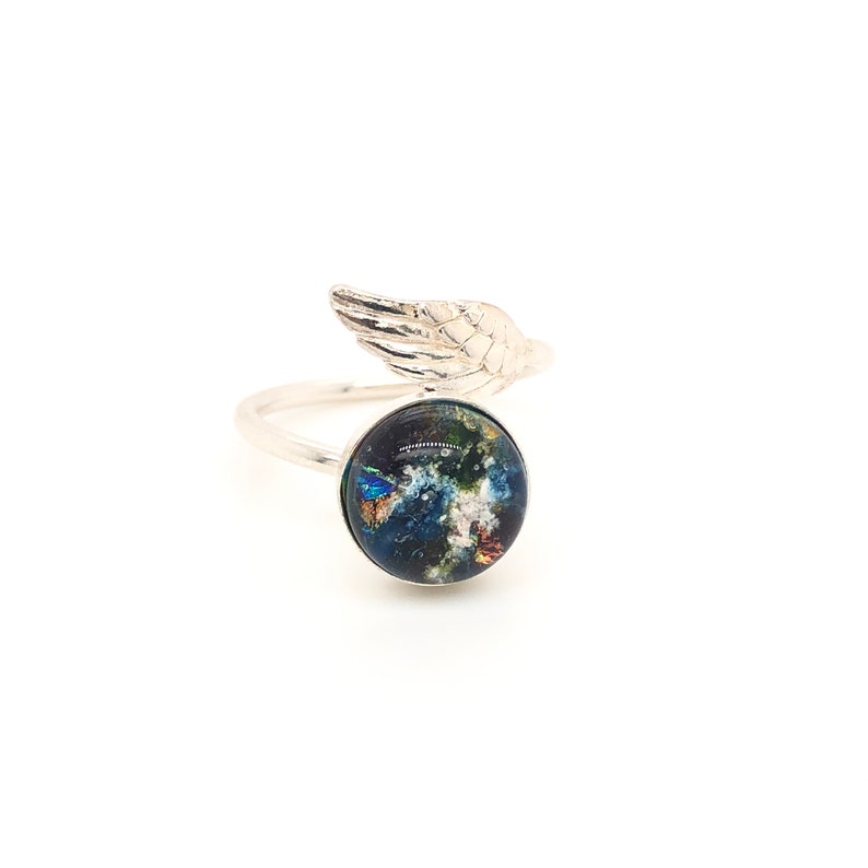Sparkles Silver Cat Dog Cremains Ring 925 Sterling Silver Animal Ashes Memorial Ring Glass Hologram Angel Wing Pet Remembrance Ring
