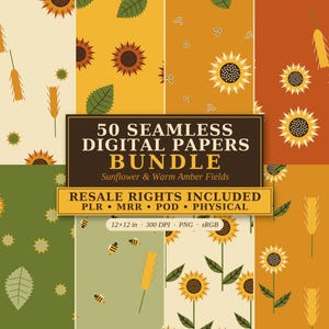 Ensemble de motifs sans couture Tournesols et Champs d'Ambre Chaud, 50 papiers numériques floraux et botaniques, PNG, usage commercial, droits de revente PLR, impression à la demande