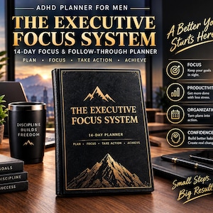 May include: A black 14-day planner titled The Executive Focus System with gold mountain graphics and text. Beside it sits a black tumbler with the text Discipline Builds Freedom, a black pen, and three stacked books labeled Goals, Discipline, and Success.