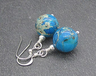 Blue Jasper Earrings, Natural Stone Jewellery, Simple Dangle Earrings, Sterling Silver Hooks