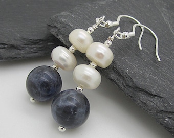 Pearl and Gemstone Drop Earrings, Sodalite Stone Dangles, Pearl Drops, Blue Stone Earrings, Real Stone Earrings, 925 Sterling Silver