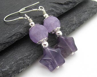 Pendientes de piedra preciosa de estrella morada, pendientes colgantes de amatista, joyas de piedra preciosa de estrella, pendientes de piedra semipreciosa, plata de ley, hechos a mano