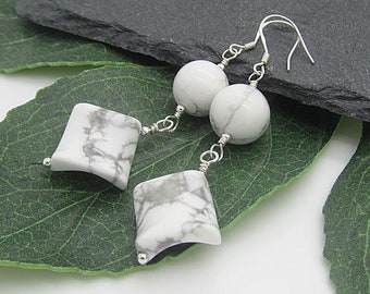 Howlite Gemstone Earrings: Sterling Silver Dangle Drops