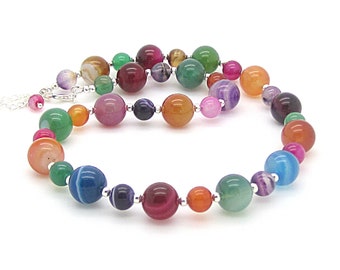 Multi Colour Agate Gemstone Necklace, Rainbow Gem Necklace, Colourful Round Bead Semi PreciousJewellery