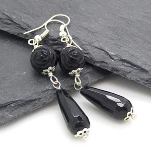 Black Agate Dangle Earrings, Gemstone Drop Earring, Black Party Jewellery, Black and Silver, Earring Gift For Her, Semi Precious Stone