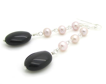 Long Obsidian & Pearl Earrings: Sterling Silver Dangles