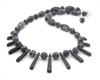 Snowflake Obsidian Agate Necklace: Graduated Gemstone, Sterling Silver Clasp