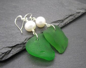 Green Seaglass Pearl Earrings: Sterling Silver, Northern Ireland Beach Glass