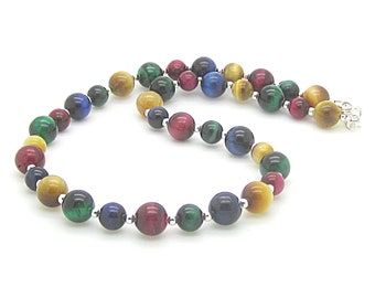 Multi Colour Tigers Eye Gemstone Necklace, Round Bead Real Stone Jewellery, Semi Precious Colourful Ladies Necklace