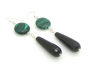 Malachite & Black Agate Earrings: Sterling Silver Dangles