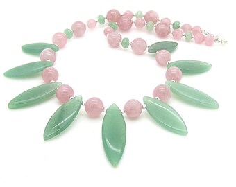 Aventurine and Rose Quartz Gemstone Necklace, Large Stone Statement Necklace, Tribal Style Jewellery, Big Bold Necklace, Chunky Style
