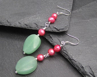 Aventurine and Pearl Drop Earrings: Sterling Silver, Green & Pink Gemstones