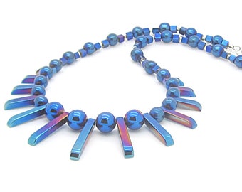 Blue Hematite Bib Necklace: Tribal Gemstone Statement Jewelry