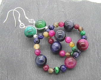 Multi Colour Tigers Eye Gemstone Hoop Earrings: Sterling Silver Boho Dangles