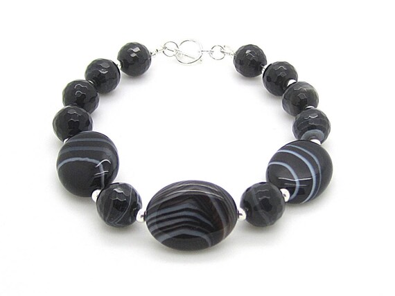 Chunky Black Agate Semi Precious Gemstone Bracelet, Modern Real Stone Jewellery Gifts