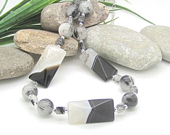 Chunky Agate & Rutile Quartz Necklace: Black Grey Gemstone Jewelry