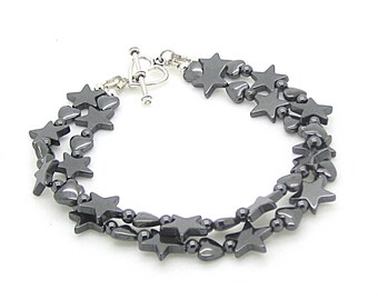 Pulsera de corazón y estrella de hematita negra, joyería moderna con piedras preciosas, pulsera de estrella del amor y la amistad, joyería con piedras reales, piedras semipreciosas