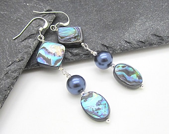 Blue Abalone Dangle Earrings, Deep Blue and Green Sea Shell Jewellery, Peacock Ocean Drops