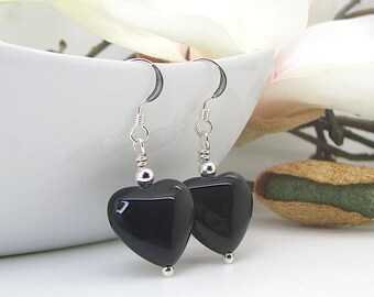 Black Agate Heart Earrings, Simple Drop Earrings, Valentines Day Gift, Black Real Stone Dangles, Small Stone Drops, Sterling Silver,