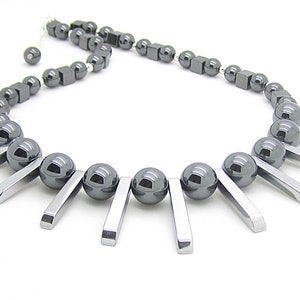 Hematite Statement Necklace: Chunky Bib Style, Geometric Bar Design