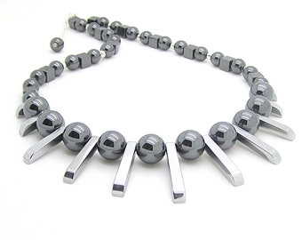 Hematite Statement Necklace: Chunky Bib Style, Geometric Bar Design
