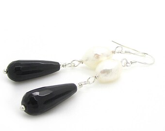 Black Agate Drop Earrings, White Freshwater Pearl Dangles, Real Stone and Pearl Jewellery, Large Gemstone Earrings, 925 Sterling Silver