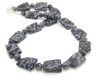 Chunky Snowflake Obsidian Gemstone Necklace: Black & White Statement Jewellery