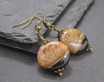 Orange Quartz & Black Agate Earrings: Rustic Bronze Dangles