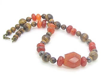 Tiger Eye Carnelian Gemstone Necklace: Chunky Bronze Jewelry