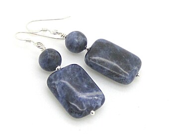 Denim Blue Sodalite Real Stone Drops, Square Gemstone Stone Dangles, 925 Sterling Silver, Everyday Earrings